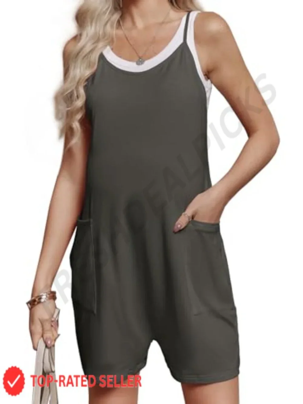 Maternity Romper Sleeveless Overall Shorts Jumpsuit with Pockets, Stretch Soft